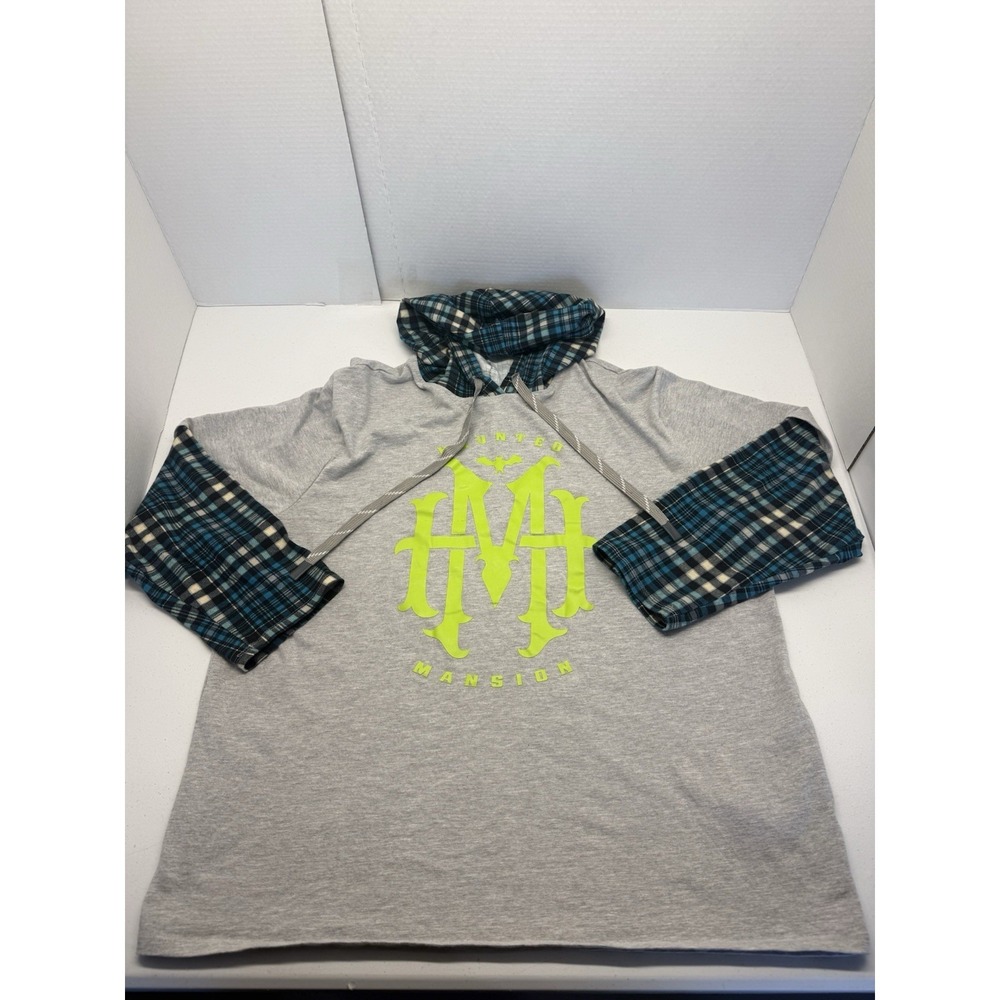 Disney Parks Haunted Mansion Layered Look Flannel Plaid Sleeve Hoodie Top XL